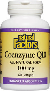 Natural Factors CoQ10 softgels bottle showing 60 servings for antioxidant support and energy