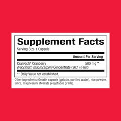 Natural Factors CranRich bottle label closeup highlights non-GMO and 90 capsules