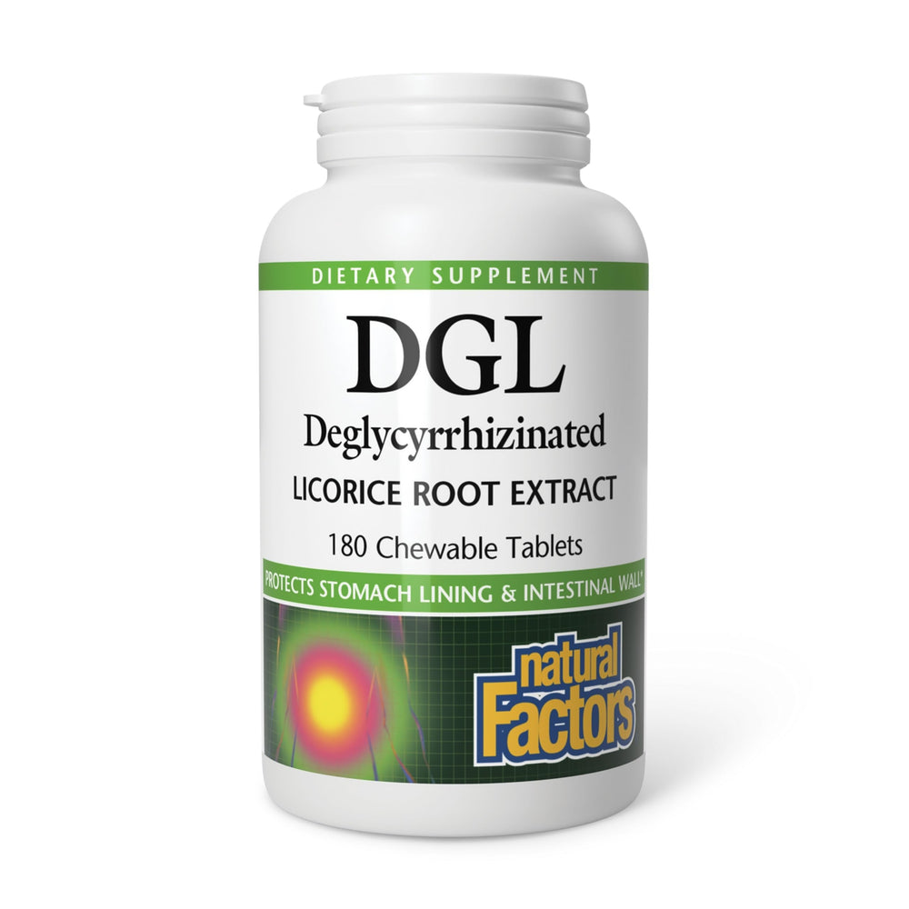 Natural Factors DGL Chewable bottle front for easy daily digestive support