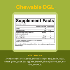 Natural Factors DGL Chewable tablets in hand illustrating easy to take before meals