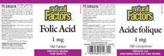 Natural Factors folic acid 180 tablets bottle, ideal for everyday wellness