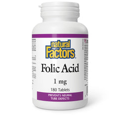 Natural Factors folic acid 180 tablets label showing daily B vitamin support