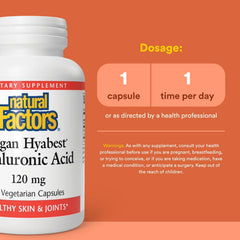 Natural Factors Hyabest packaging showing organic farms and non-GMO sourcing.