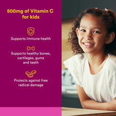 Natural Factors Kids Vitamin C 500 mg wafers in fruity flavor for children.