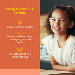 Natural Factors Kids Vitamin C wafers bottle closeup highlighting fruit flavor and 500 mg