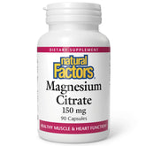 Natural Factors Magnesium Citrate bottle close-up showing 90 capsules for bone and heart health support.