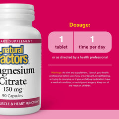 Natural Factors magnesium citrate label emphasizing third-party testing for purity.