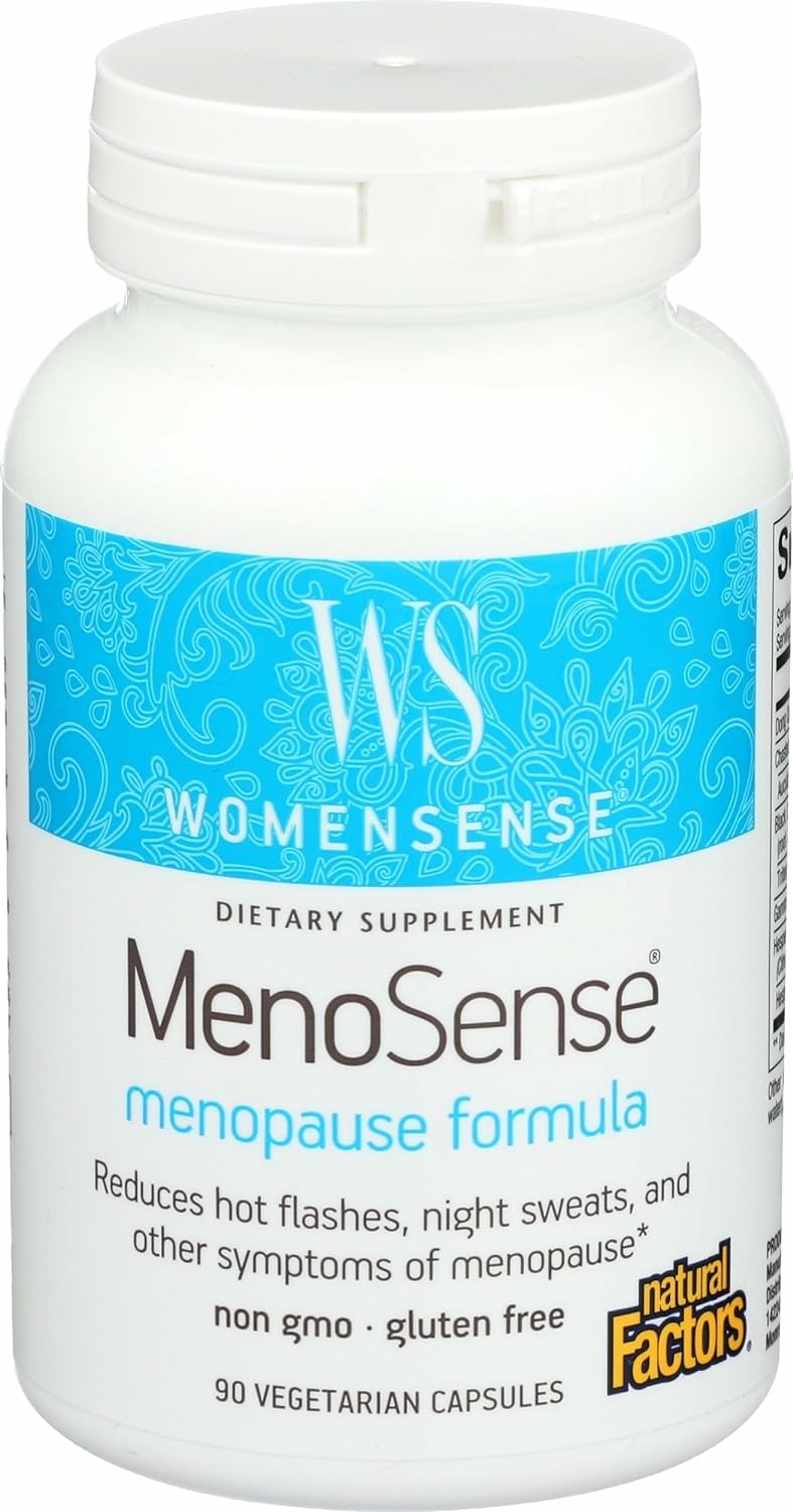 Natural Factors MenoSense capsules bottle offering menopause symptom support.
