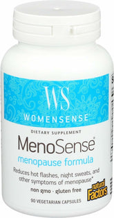 Natural Factors MenoSense capsules bottle offering menopause symptom support.