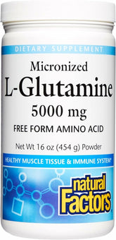 Natural Factors Micronized L-Glutamine bottle on a kitchen counter for convenient daily support.