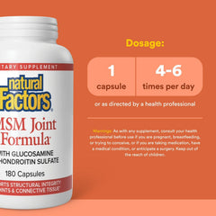 Closeup of Natural Factors MSM Joint Formula capsules in a bottle.