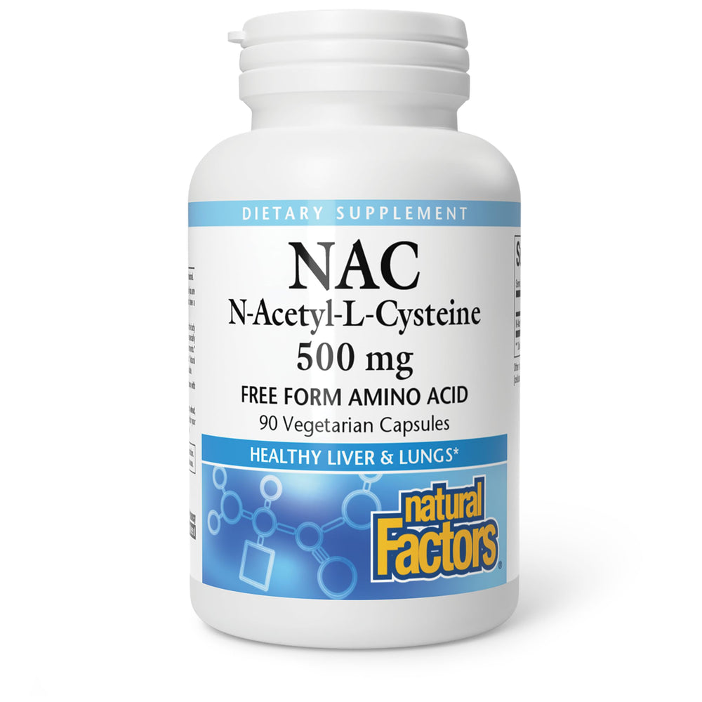Natural Factors NAC bottle – 500 mg capsules for daily antioxidant support.