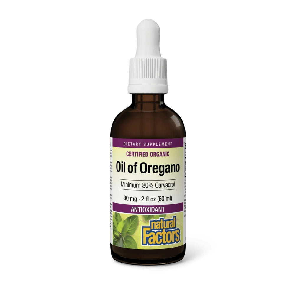 Natural Factors Oil of Oregano bottle on white background highlighting immune support