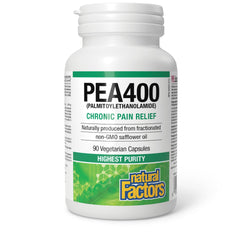 Natural Factors PEA400 capsules close-up highlighting vegetarian-friendly formulation
