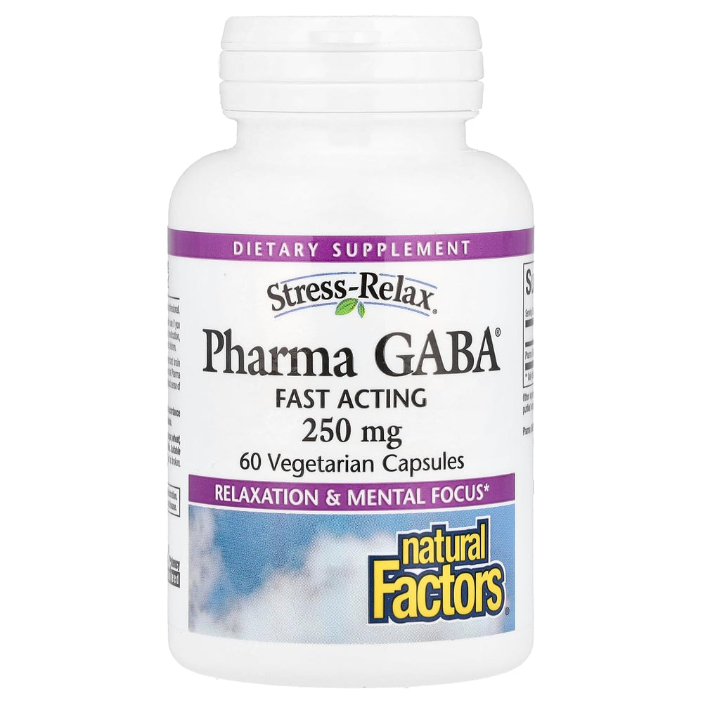 Natural Factors Pharma GABA bottle close-up showing calm support