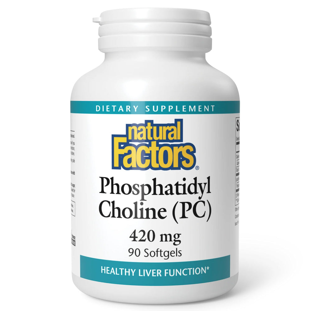 Natural Factors Phosphatidylcholine bottle shows the 420 mg soft gel format for liver support.