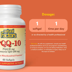 Natural Factors PQQ-10 bottle closeup highlighting CoQ10 and mitochondrial health