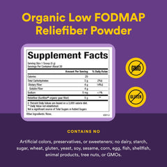 Unflavored Reliefiber label highlights organic Sunfiber content.