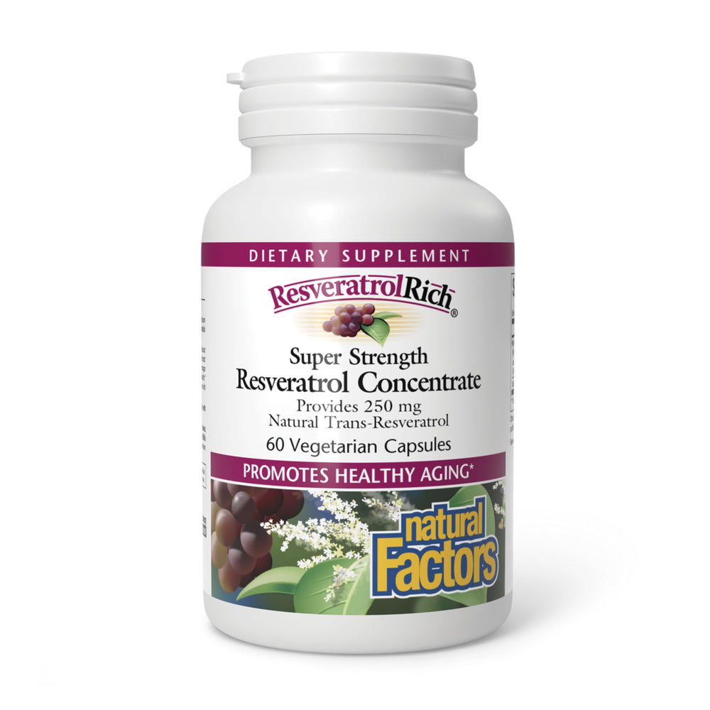 Natural Factors ResveratrolRich bottle with 60 capsules for healthy aging.