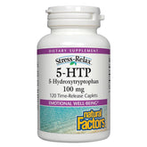 Natural Factors Stress-Relax 5-HTP bottle shows daily calm and rest benefits.