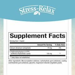 Close-up of Natural Factors Stress-Relax 5-HTP capsules highlights caplets for absorption.