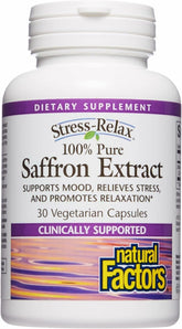 Natural Factors Stress-Relax Affron bottle on display suggesting mood support and restful sleep.