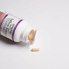 Natural Factors Stress-Relax label close-up highlights Affron saffron extract and authenticity.