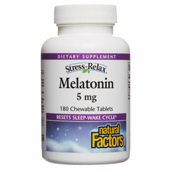 Natural Factors Stress-Relax Melatonin tablets in bottle for restful nights.