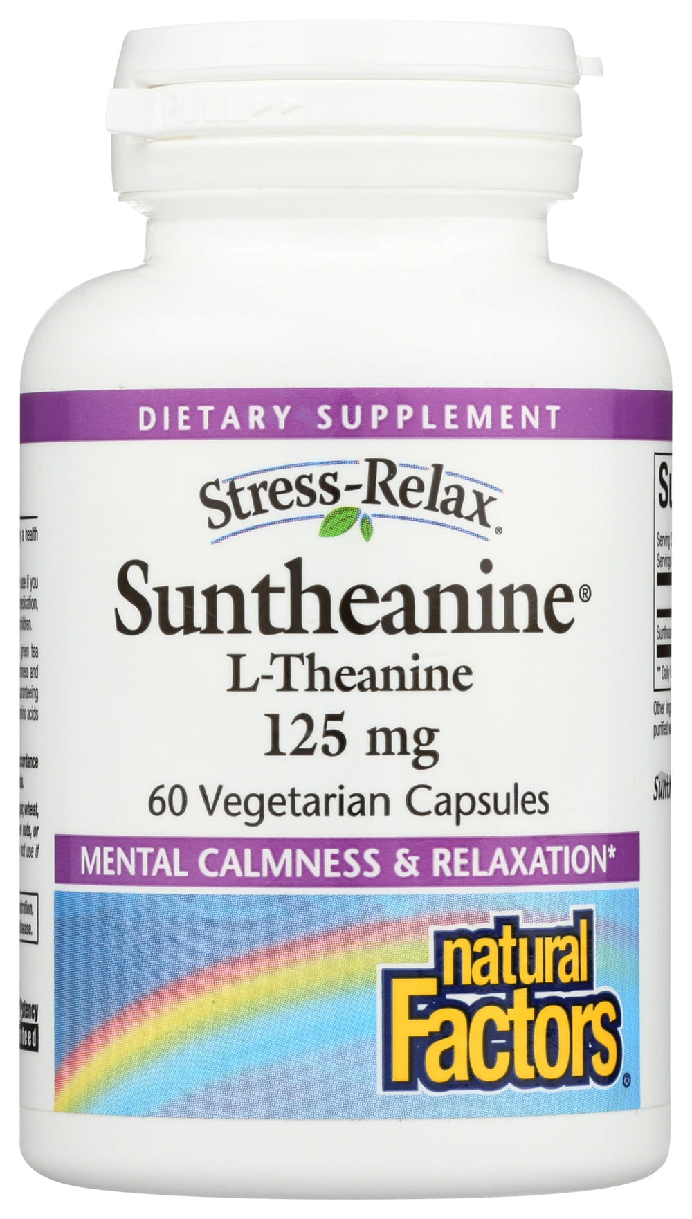 Natural Factors Stress-Relax Suntheanine bottle front for calm focus.
