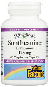 Natural Factors Stress-Relax Suntheanine bottle front for calm focus.