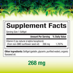 Natural Factors Sunflower Vitamin E softgel label closeup, possible heart and immune support.