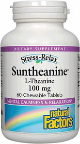 Natural Factors Suntheanine 100 mg bottle promotes calm focus during the day.