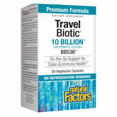 Natural Factors TravelBiotic bottle front shows shelf-stable probiotic for travel-friendly use.