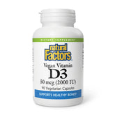 Natural Factors Vegan Vitamin D3 2000 IU bottle front view highlighting dosage and benefits.