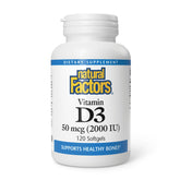 Natural Factors Vitamin D3 2000 IU bottle shows dosage and bone support benefits