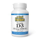 Natural Factors Vitamin D3 bottle on desk showing 360 softgels for daily immune and bone support.