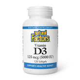 Natural Factors Vitamin D3 5000 IU soft gels bottle; supports bone health.