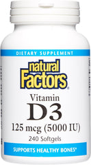 Natural Factors Vitamin D3 5000 IU softgel bottle illustrating bone and immune support.