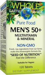 Natural Factors Whole Earth & Sea Men's 50+ multivitamin bottle showing vegan formula benefits