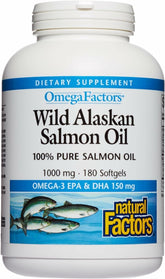 Natural Factors Wild Alaskan Salmon Oil bottle highlighting omega-3 benefits for heart and brain