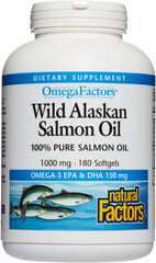 Natural Factors Wild Alaskan Salmon Oil bottle highlighting omega-3 benefits for heart and brain