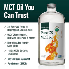 Close-up of Natural Force C8 MCT Oil label highlighting organic certification.