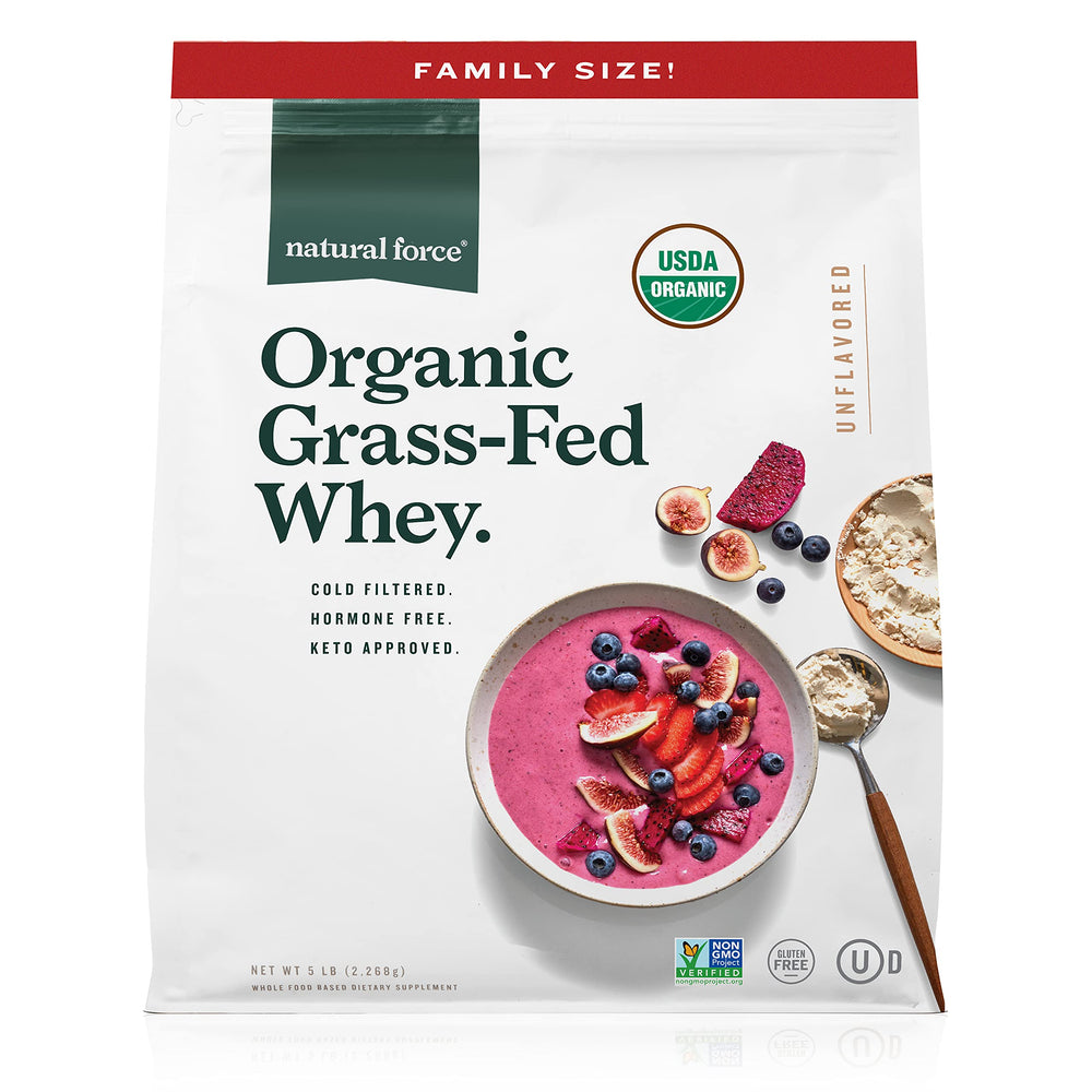 Natural Force Grass Fed Whey Protein Powder pouch shows a clean, single-ingredient formula for versatile shakes.