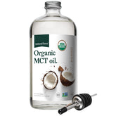 Natural Force MCT Oil glass bottle closeup emphasizes purity and eco packaging