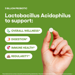 Natural Foundation Lactobacillus Acidophilus probiotic tablet close-up showing 3B CFU potency.