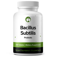 Natural Foundation Supplements Bacillus Subtilis tablets bottle highlighting daily digestive support potential.