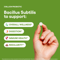 Natural Foundation Supplements Bacillus Subtilis tablets spilled demonstrating easy daily probiotic intake.