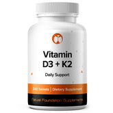 Natural Foundation Supplements Vitamin D3+K2 bottle front, 240 tablets, supports bone health and immune well-being.