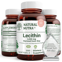 Natural Nutra Soy Lecithin softgels bottle on counter promotes brain function.