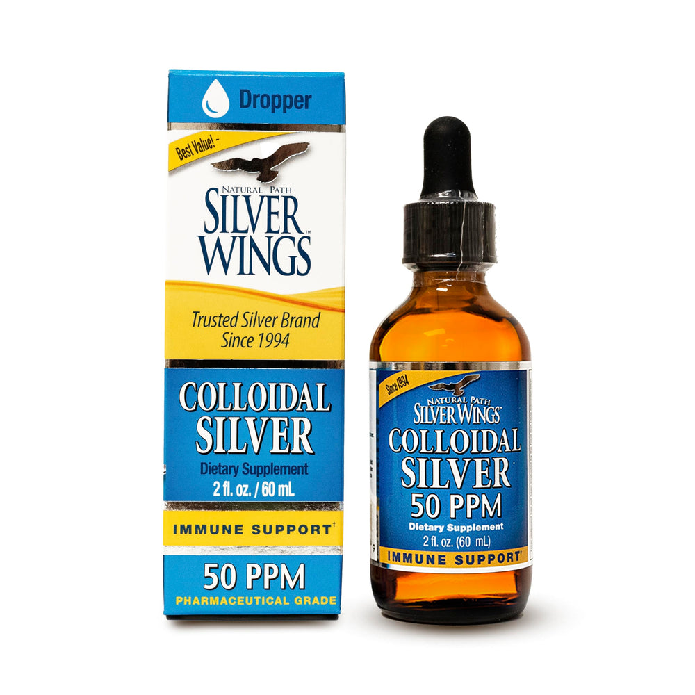 Natural Path Silver Wings colloidal silver bottle close-up with dropper